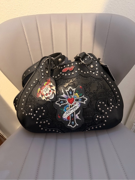 Ed Hardy Handbags - Ed Hardy Black Embroidered Cross & Skull Shoulder Bag